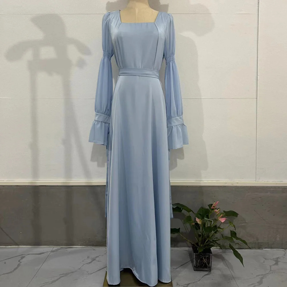 فستان نسائي من الساتان بأكمام منفوخة وياقة مربعة